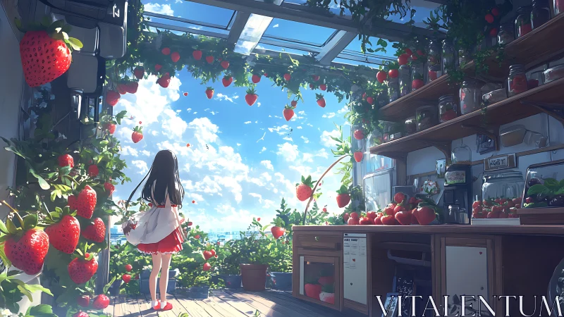 Girl in strawberry-filled glass room under open sky view.