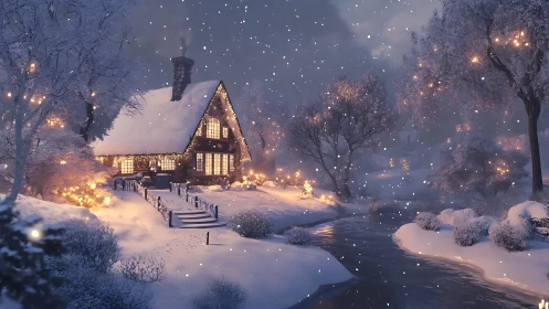Snowy riverside cottage glows warmly under falling twilight snow.