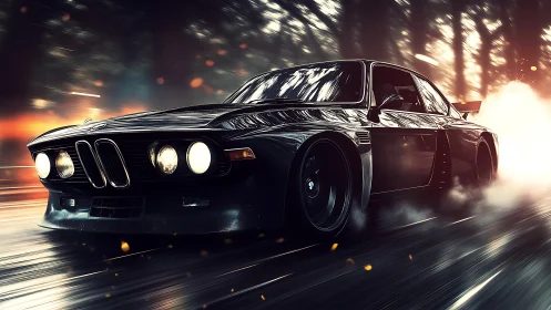 Retro widebody BMW coupe drifting through cinematic forest night