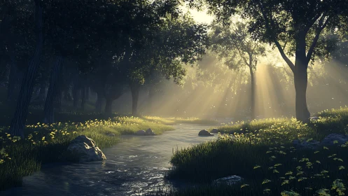 Morning sunlight gently warms a quiet forest stream