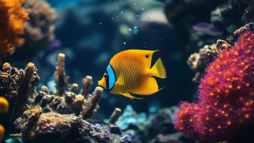 Chromatic reef butterflyfish amid high-contrast coral structures.