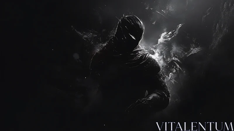 Shrouded humanoid silhouette dissolves into abstract shadow field