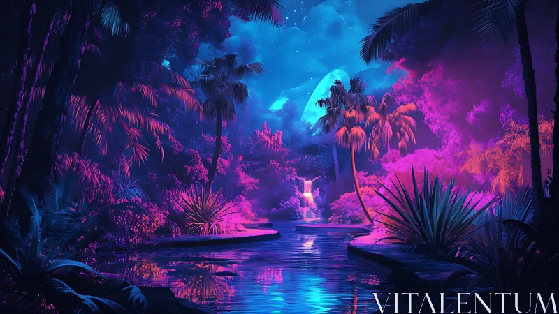 Neon jungle dreams shimmer around a moonlit crystal river