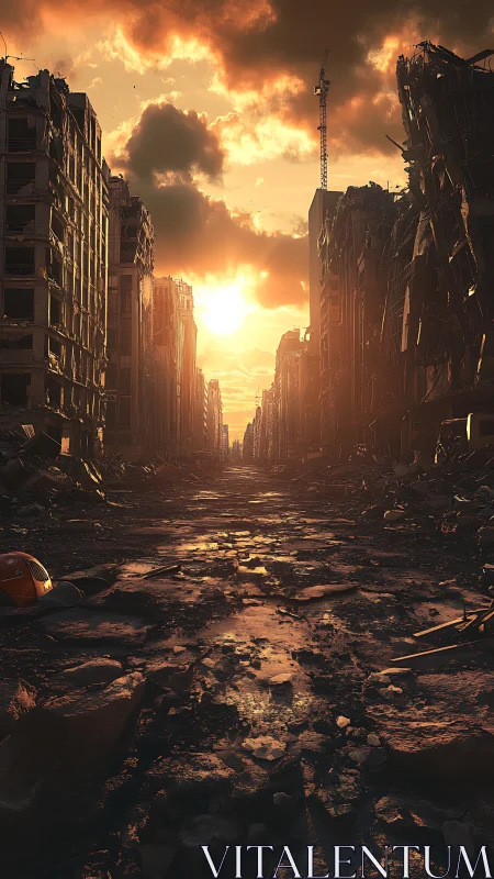 Sunset blazes through a ruined post-apocalyptic city street.