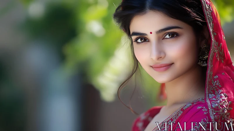 Portrait captures woman in vibrant red sari with soft bokeh