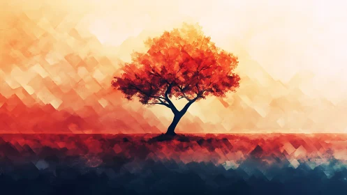 Solitary deciduous tree in stylized red and orange field.