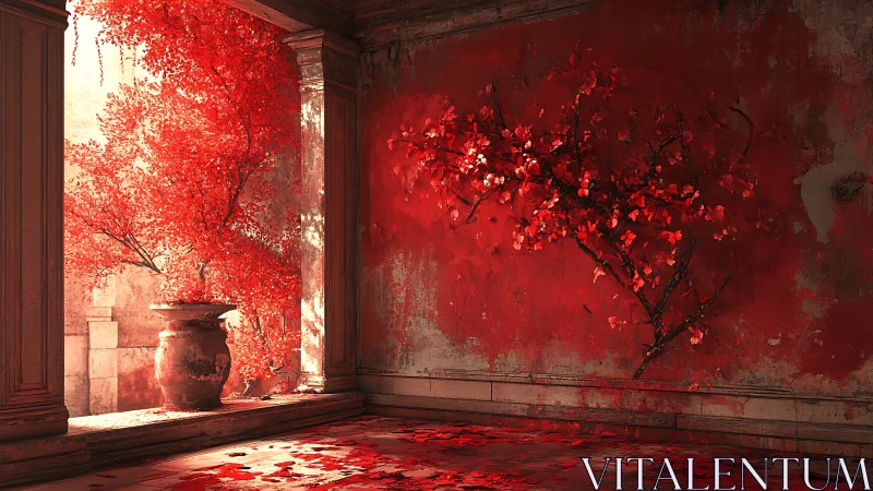 Interior courtyard corner with vivid red foliage and wall.