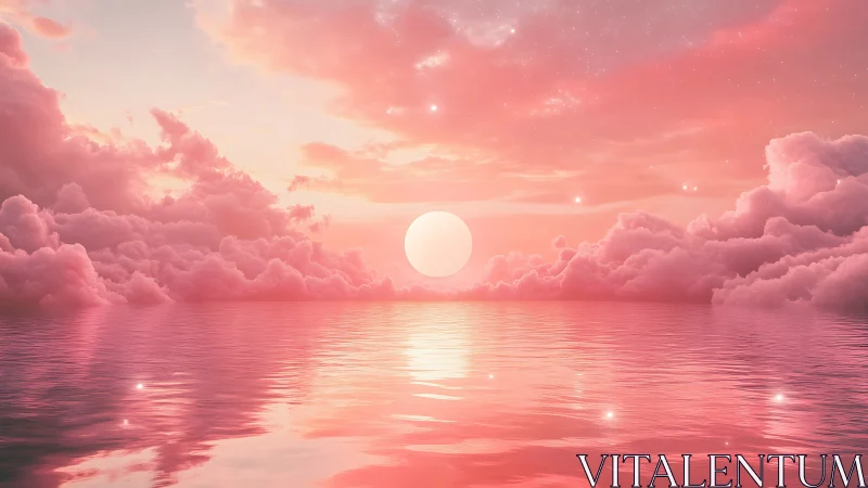 Pink celestial sunset illuminates calm reflective ocean horizon