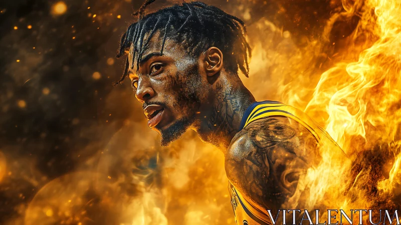 Blazing court warrior strides through molten basketball firestorm.