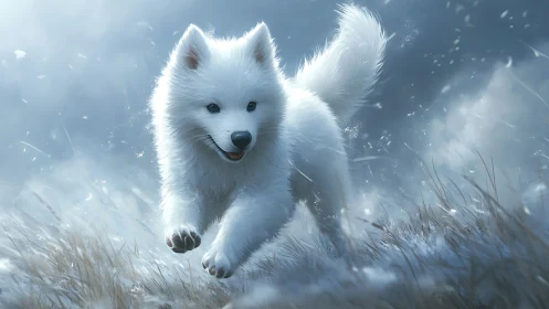 Playful white puppy sprinting through frosty winter field.