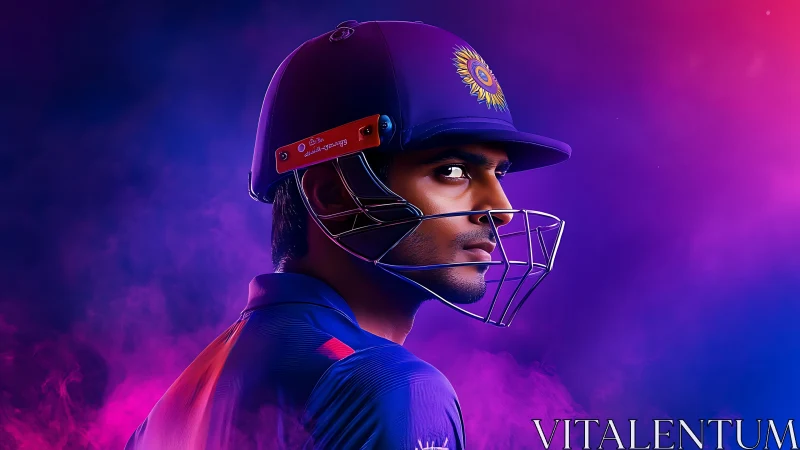 Cricket gladiator turns in neon haze, eyes locked on destiny