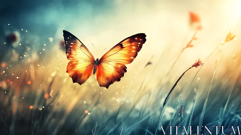 Golden butterfly drifts through dreamy sunlit meadow.