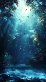 Submerged aquatic cavern with filtered sunlight above water.