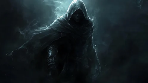 Hooded wraith emerging from shadow with spectral menace.