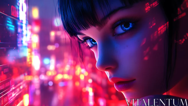Cyberpunk girl close-up in neon city with digital overlays.