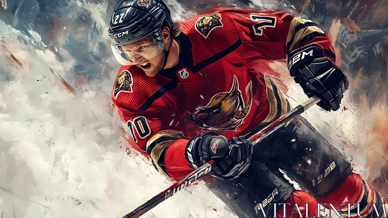 Dynamic ice hockey hero racing forward in bold red gear.