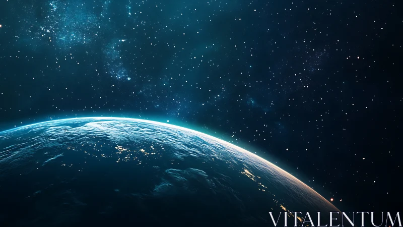 Gentle blue Earth rising into a calm starlit galaxy.