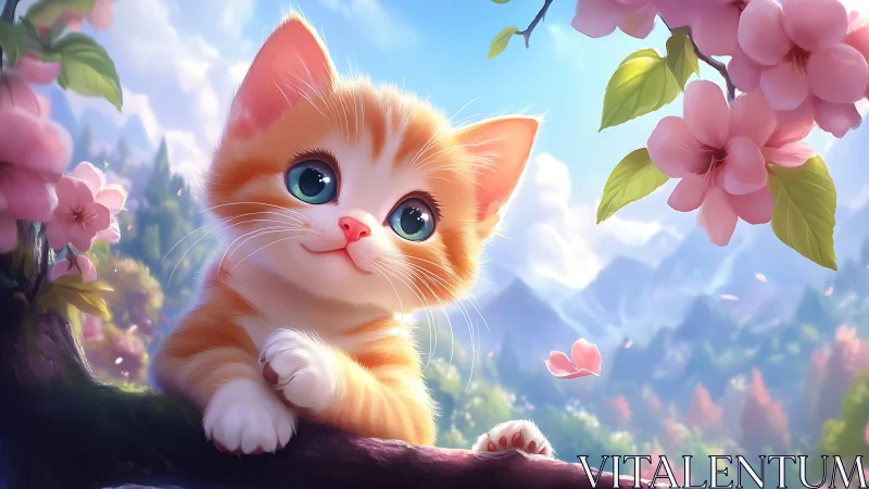 Adorable Orange Kitten Among Pink Flowers in Sunlit Valley