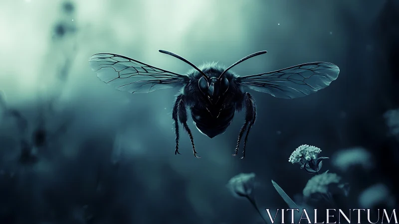 Nocturnal bee macro in moody teal forest glow.