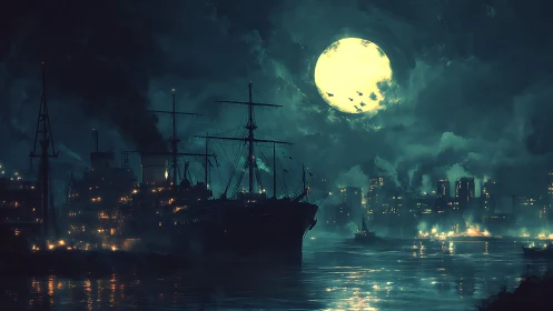 Midnight harbor glow beneath a restless storybook moon.