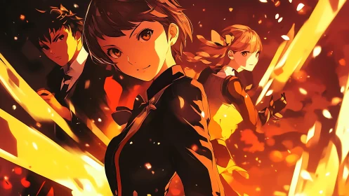 Three uniformed figures amid stylized orange energy fields.