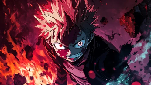 Intense anime fighter in fiery blue and red chaos.