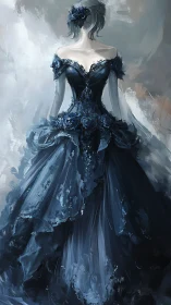 Backlit ball gown silhouette with layered navy tulle and floral applique