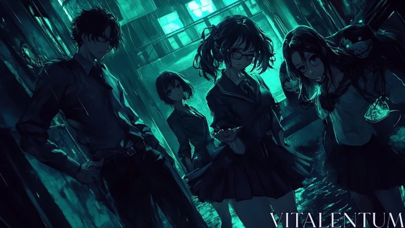 Rain-soaked anime quartet in teal monochrome alleyway lighting