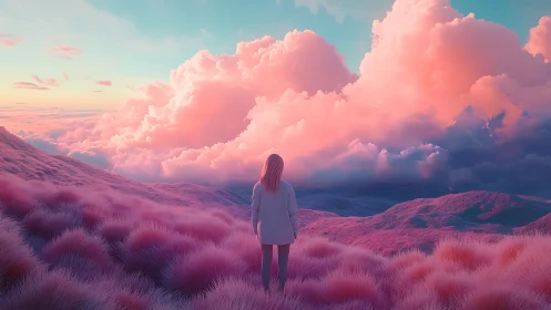 Dreamwalker facing cotton-candy clouds at a neon dusk.