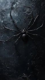 Dark metallic spider on textured scratched surface background.