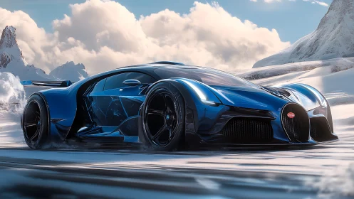 Futuristic hypercar concept racing across icy mountain pass.