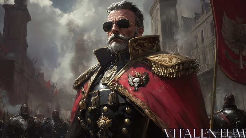 Commanding warlord strides through smoke with quiet resolve