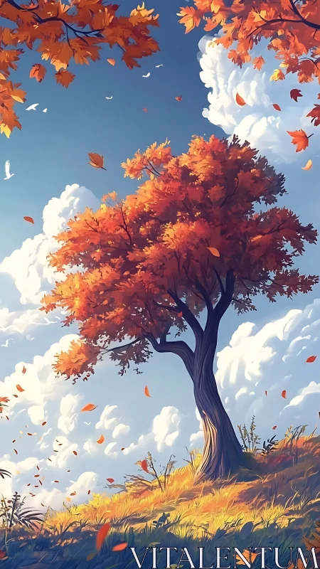 Autumn hillside tree rendered in high-contrast digital painting light