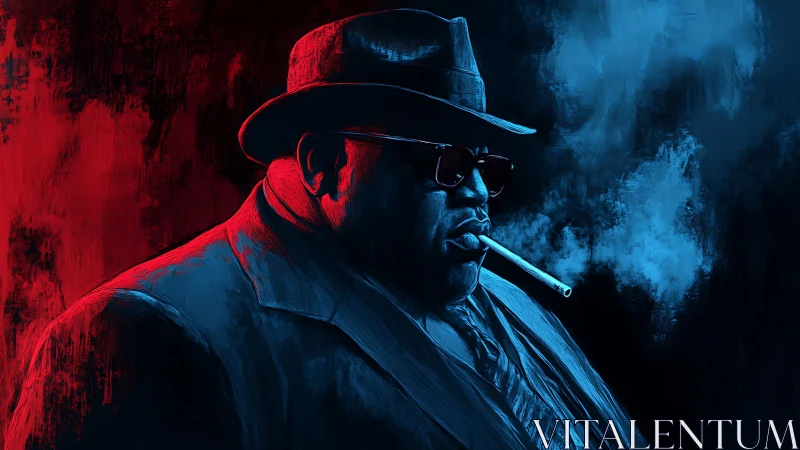 Bicolor noir portrait of smoking man in hat, red blue split