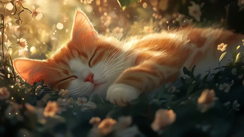 Ginger Cat Resting in Golden Garden Light.
