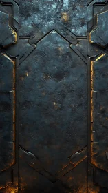Rust-lit sci fi door with worn metal panels and glow.