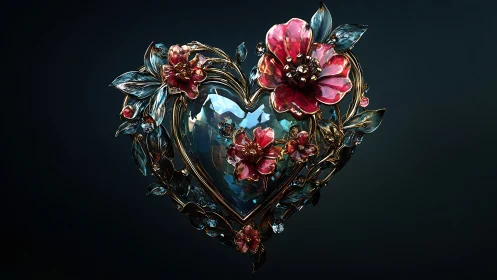 Ornate jewelry heart pendant with crystal faceted stone center surrounded by detailed metalwork red 