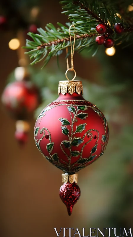 Red Christmas ornament glowing with cozy holiday charm.