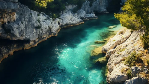 Rocky coastal inlet with clear turquoise Mediterranean water.