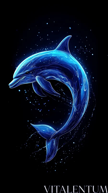 Neon blue dolphin arcs through cosmic black water glow.