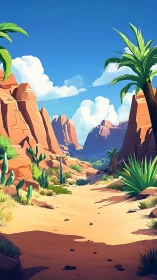 Sunlit stylized canyon valley with arid vegetation and deep depth