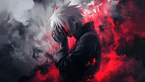 Monochrome figure in red smoke with obscured face profile.