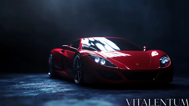 Low-key studio render of red mid-engine supercar with LED DRL
