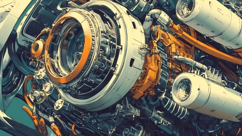 Intricate orbital engine core in teal and amber tones.