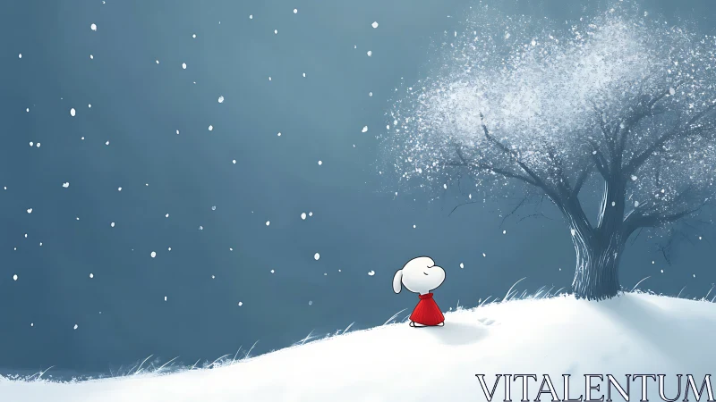 Quiet snowfall with red-cloaked character beneath winter tree.