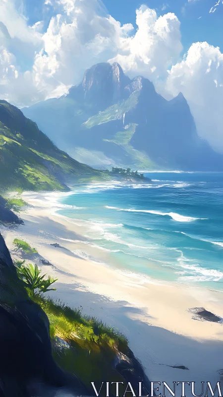 Coastal Mountain Landscape with Sandy Beach and Sheer Cliffsides