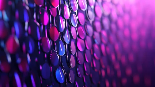 Abstract metallic discs pattern with vibrant pink and blue lighting.