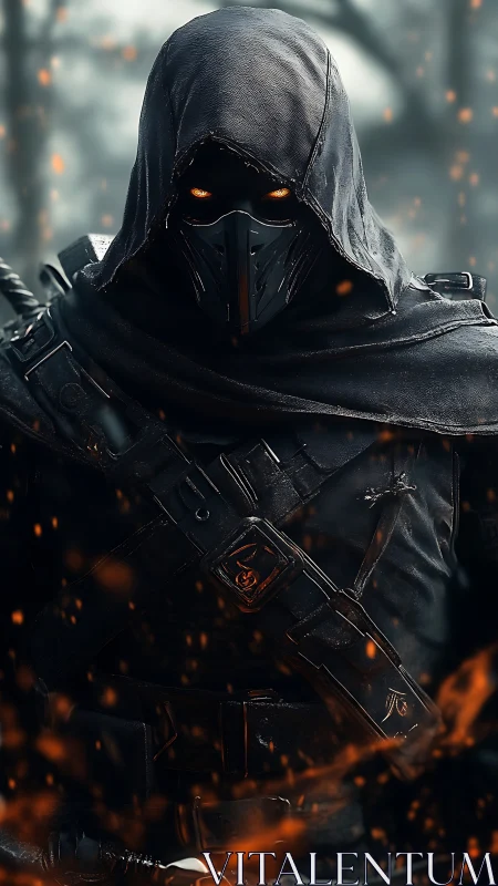 Ashlit ranger in black hood stalking through emberstorm woods.