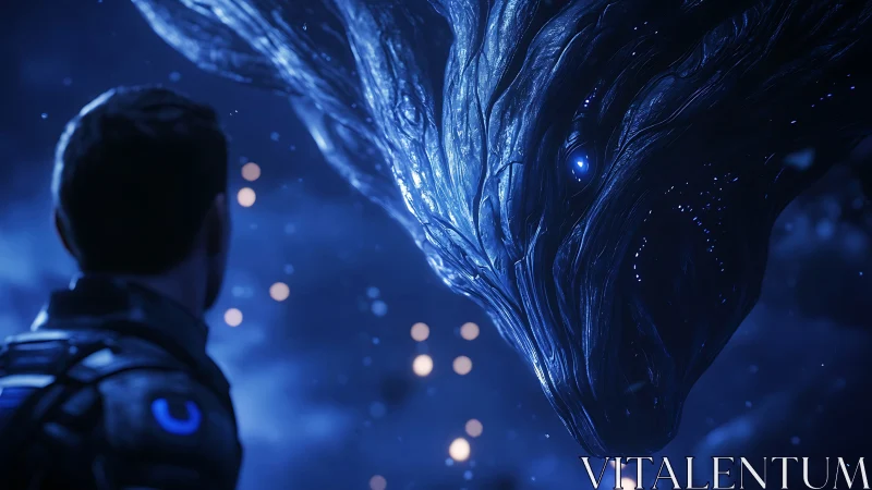 Starlit encounter with a colossal bioluminescent alien entity.