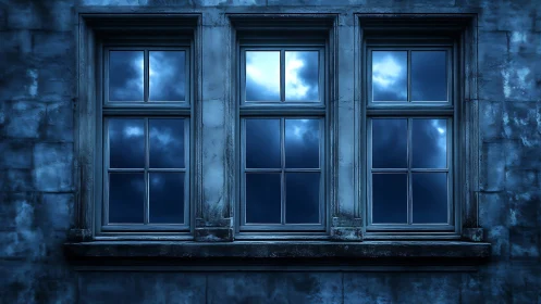 Triple window facade with night sky reflections in glass.